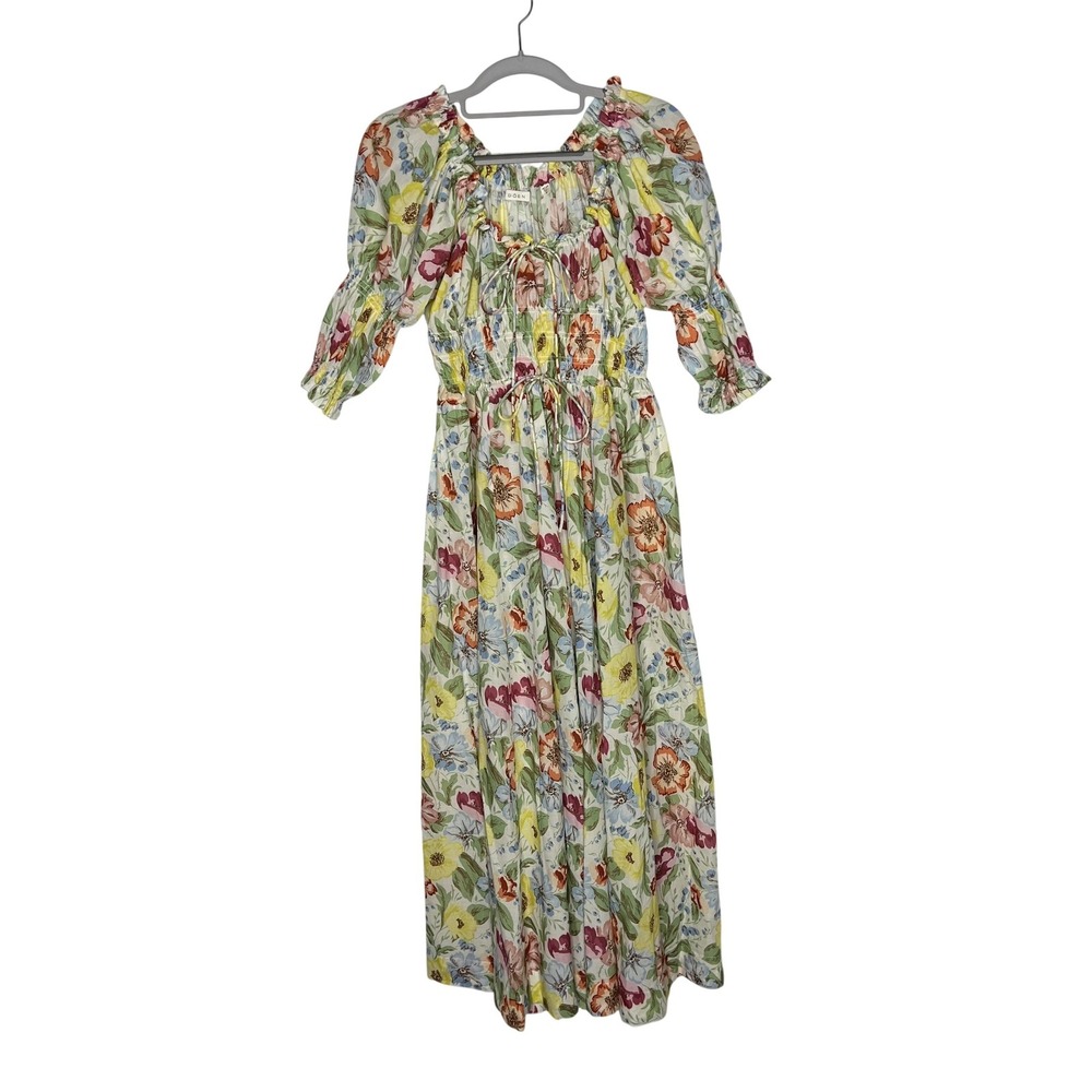 DÔEN Ischia Dress Womens Medium Floral Puff Sleeve Maxi Sundress Boho Cotton